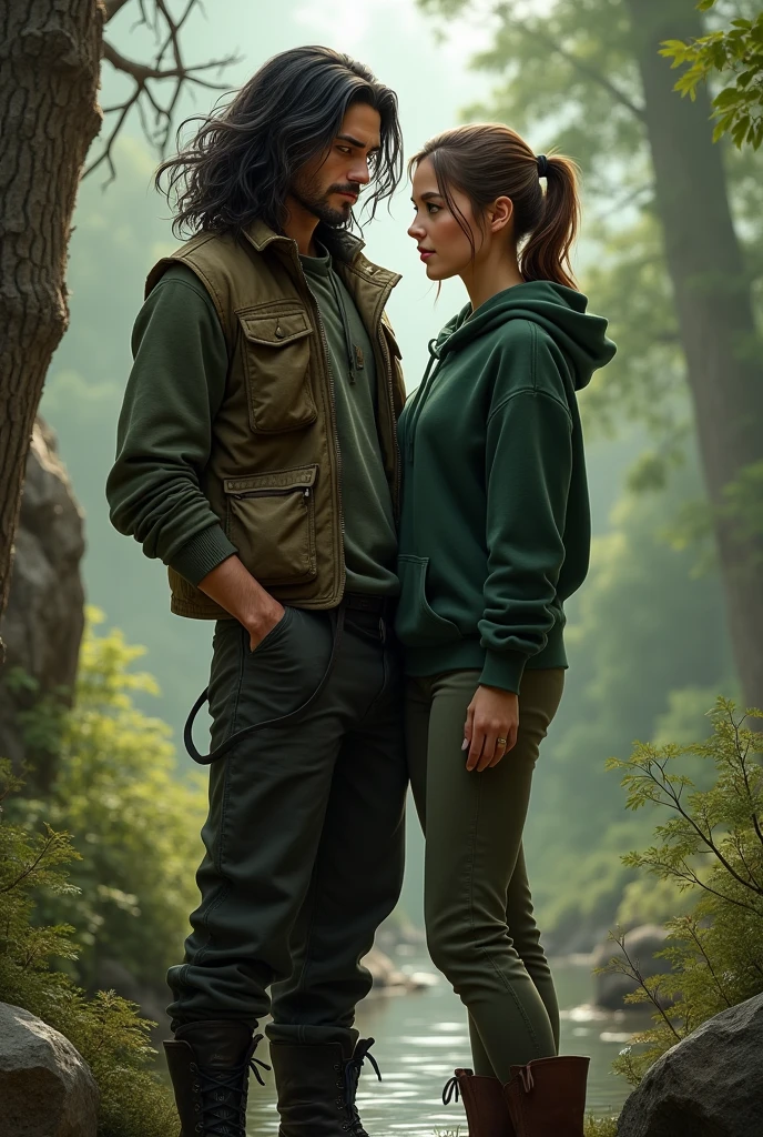 Man with black hair and green eyes wearing a vest and dark green clothes and black boots in the company of a brown-haired woman with tied back hair and brown eyes wearing pants, boots, a shirt and a dark green sweatshirt