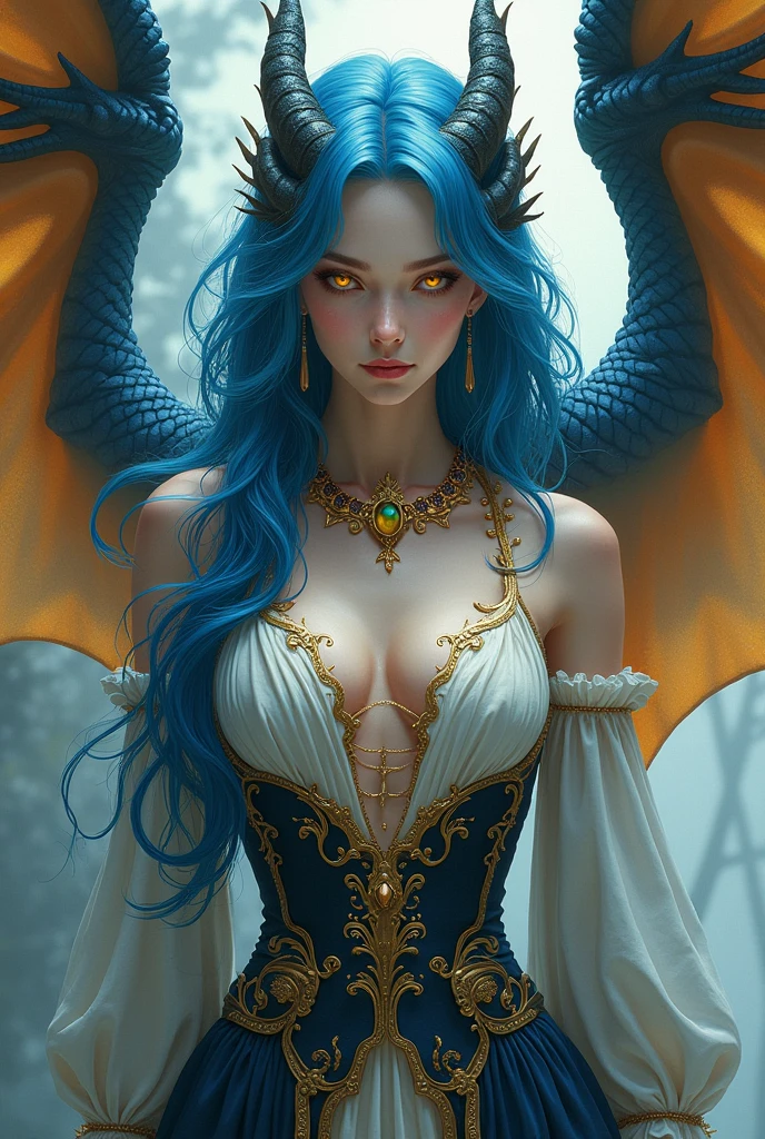 Japanese angel style: A woman with long blue hair and yellow eyes, has an arrogant look an expression of nobility, being half human and dragon has blue dragon wings and medieval clothing so sensual