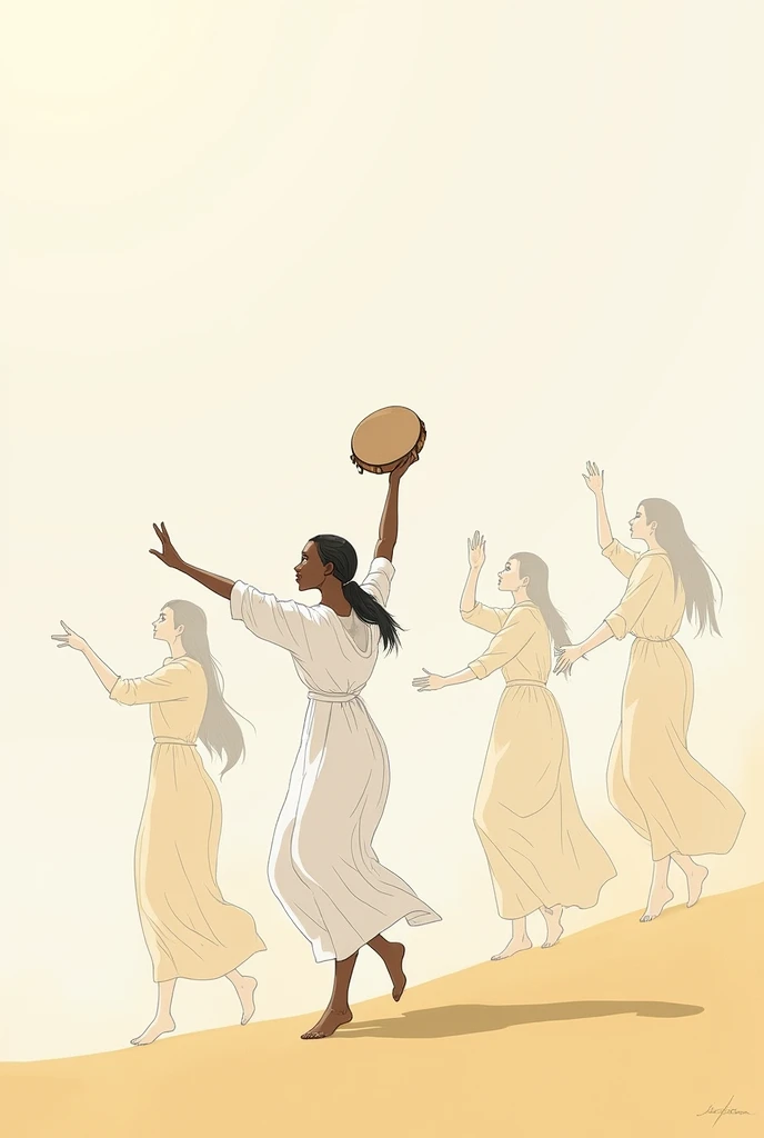 Create a digital illustration drawing, Like a minimalist painting of the biblical passage of Miriam (Exodus 15:19-20), Dancing with her tambourine alongside other women. Use pastel tones, prefer thin, organic contours CONTOUR ONLY, black lines