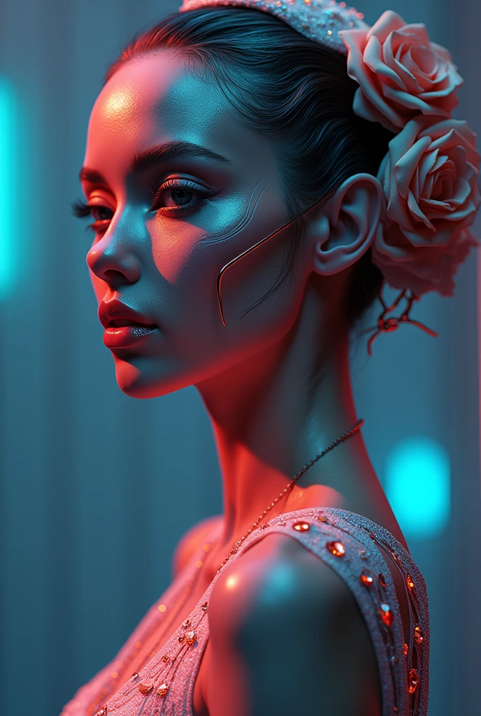 Create a logo for "Roya Glam," a modeling agency specializing in AI models. The design should prominently feature the company name and blend elements representing both human and AI models. Incorporate sleek, modern aesthetics that reflect sophistication and innovation. Consider using abstract or geometric shapes to symbolize the fusion of human beauty and advanced technology, with a color palette that exudes elegance and futuristic vibes. The logo should be a cohesive graphic representation, integrating the name and imagery to capture the essence of cutting-edge fashion and the seamless integration of AI in the modeling industry.