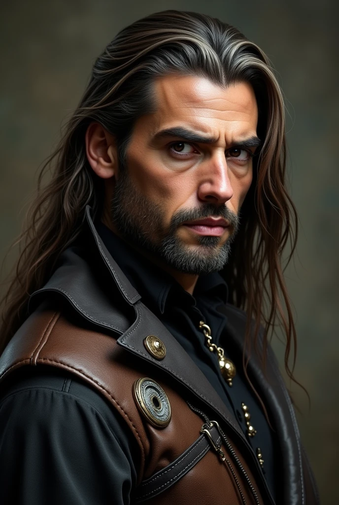 Neto Cavalcante is a 30 year old man, with an appearance that reflects his Portuguese-Brazilian heritage and the ferocity of his new vampiric nature. His fur, which previously had a tan tone, now it's paler, but still maintains a healthy glow. His dark eyes are deep and expressive, filled with ancient wisdom and unshakable determination.
Your brown hair, long and smooth, are combed to the right side, with some platinum highlights that highlight your individuality. A well-trimmed beard complements your angular features., giving it an appearance that is both severe and contemplative.
Physical changes that emerged after the hug include slightly elongated fingers with sharp, claw-like nails., in addition to more prominent canines, that accentuate their predatory nature. Neto wears simple and functional clothes, made of leather and fabric, perfect for life in the wild forests. A silver alchemical amulet, reminder of his mortal life and symbol of his continuing quest for knowledge, hangs from your neck.