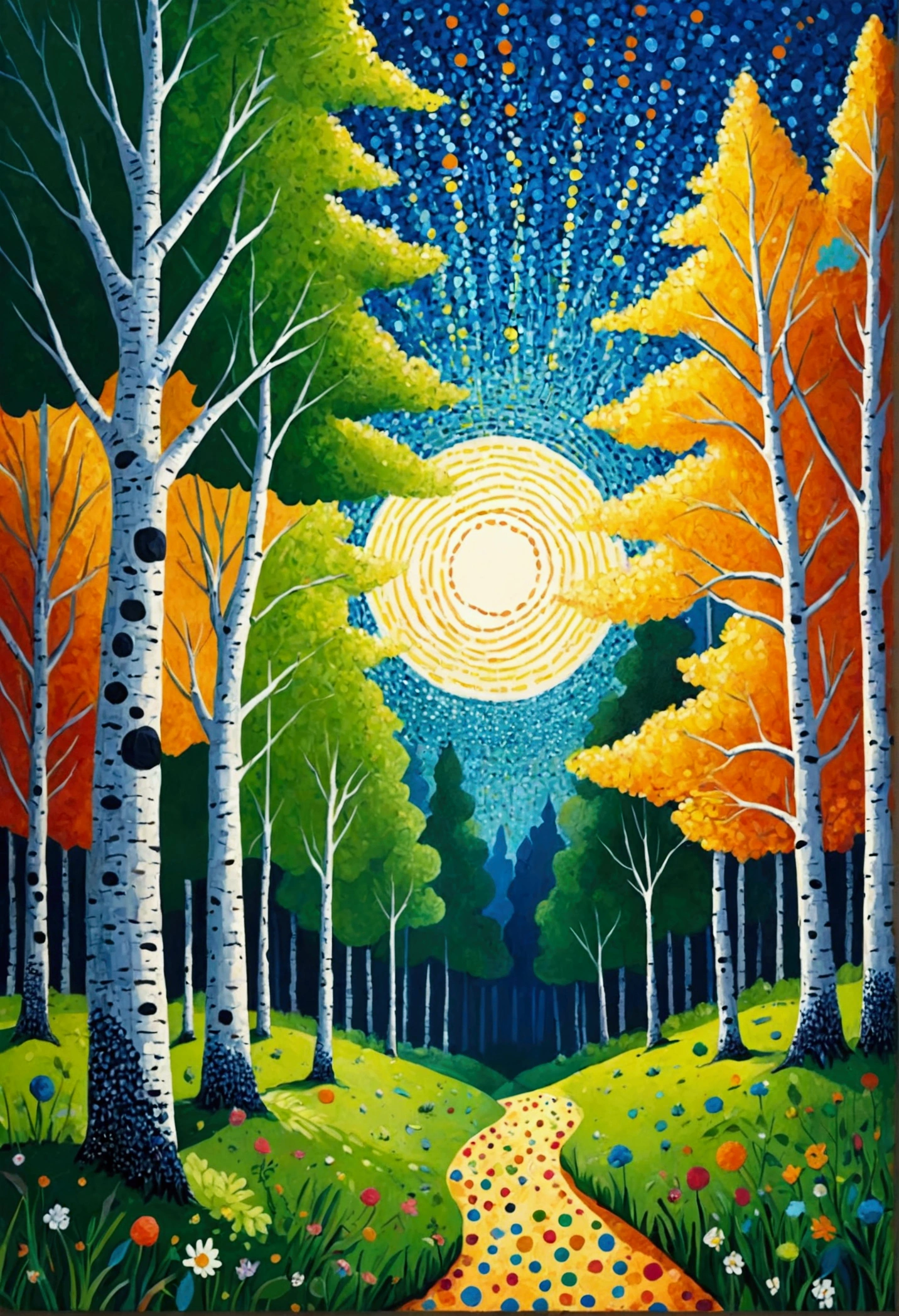Children's drawings,Pop Art,Modern art abstract painting:Polka dot art,Dot,abstract pattern,Birch forest,Pointillism method,Vector