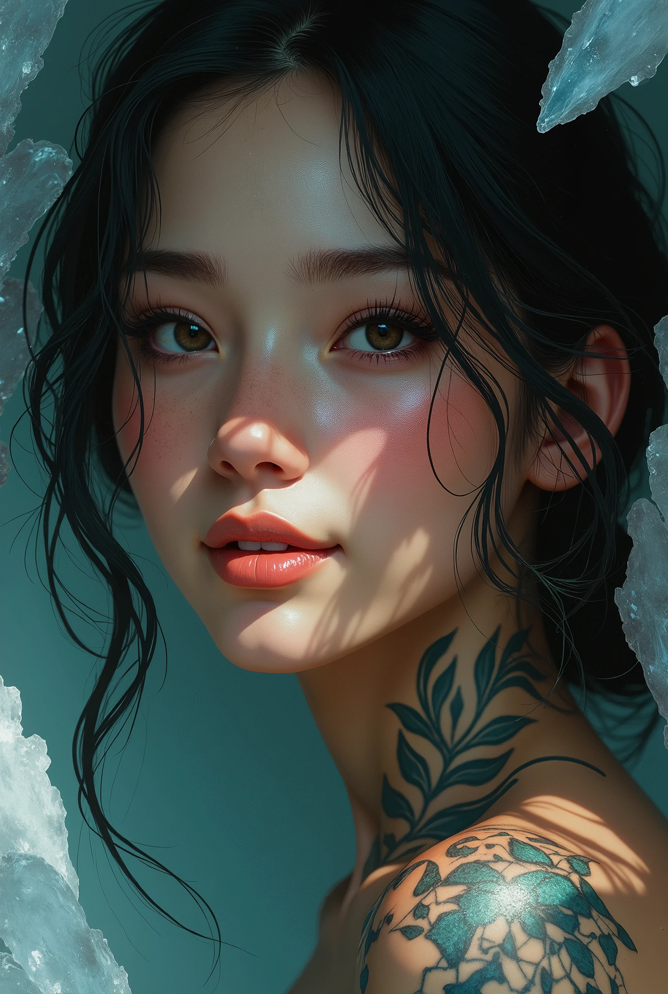 a crystal style art, a beautiful woman with dark hair, happy smile, inspired by Ryan Barger, fantasy art, sakimichan frank franzzeta, woman's face half of it covered with tatoos, greg rutkowski , beautifully infected, gamora, intricately detailed hyper realistic vivid colors 8k