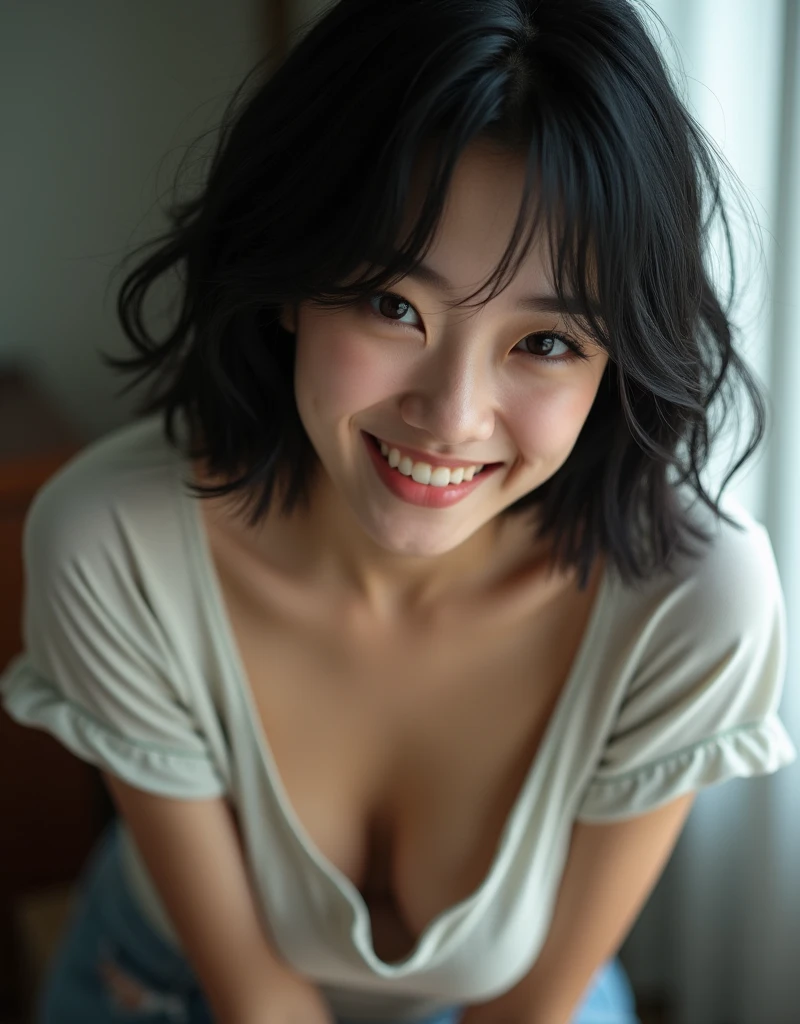 (Highest quality, 8k, 32K, masterpiece, Ultra-high resolution:1.2), Beautiful Japanese Women Photo, Black short hair, Beautiful Face, (Leaning forward:1.3), (close:1.4), indoors, Look at audience, smug, sly grin, Loose fitting T-shirt, cleavage, Blurred Background