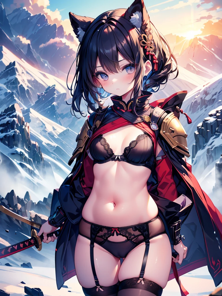 ((A plump and squishy lady:1.3)),((surprise!!:1.3)),(((Women's Lace Panties,((open crotch pantie)),transparent,Erotic lingerie,Big size,Open crotch underwear))),Highest quality、High resolution、Detailed Background、(Beautiful face in every detail:1.4)、In a war-torn battlefield during Japan's Sengoku period, a group of determined young girls, aged between 8 to 12, stand ready for battle. They are dressed in traditional samurai armor scaled down to fit their small frames. Their expressions are fierce, showing a mix of youthful innocence and warrior determination. Some wield small katanas, while others hold spears or yumi bows. The background features a mist-covered landscape with mountains in the distance and remnants of a burning village. The sky is overcast, adding a somber tone to the scene. Despite their age, the girls display bravery, with their clothes slightly worn from battle, standing shoulder to shoulder as they face an unseen enemy.