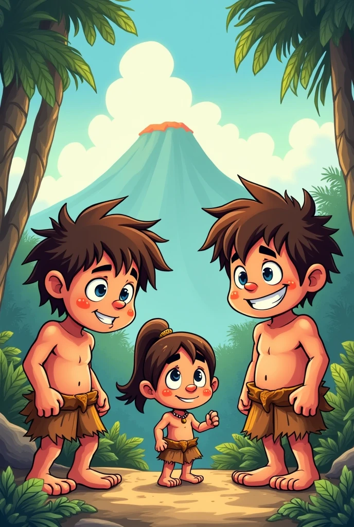 Create three caveman comic-like children&#39;s characters for a children&#39;s book, two boys and one girl. 