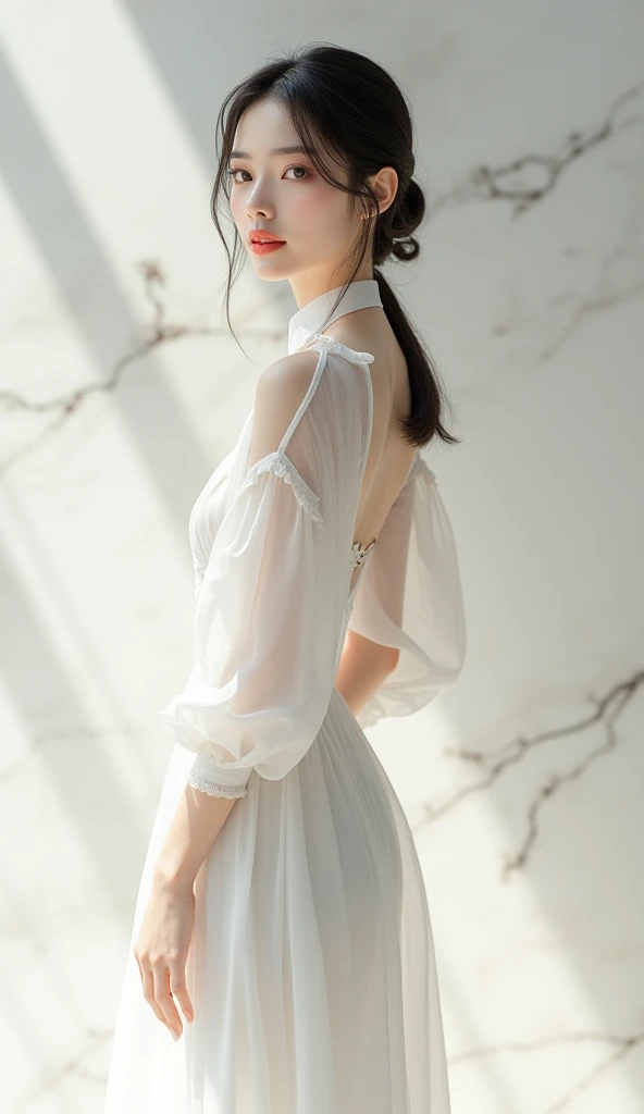 a woman in a white dress and pink dress posing for a picture, a marble sculpture by Lü Ji, trending on cg society, aestheticism, beautiful asian woman, beautiful oriental woman, beautiful south korean woman