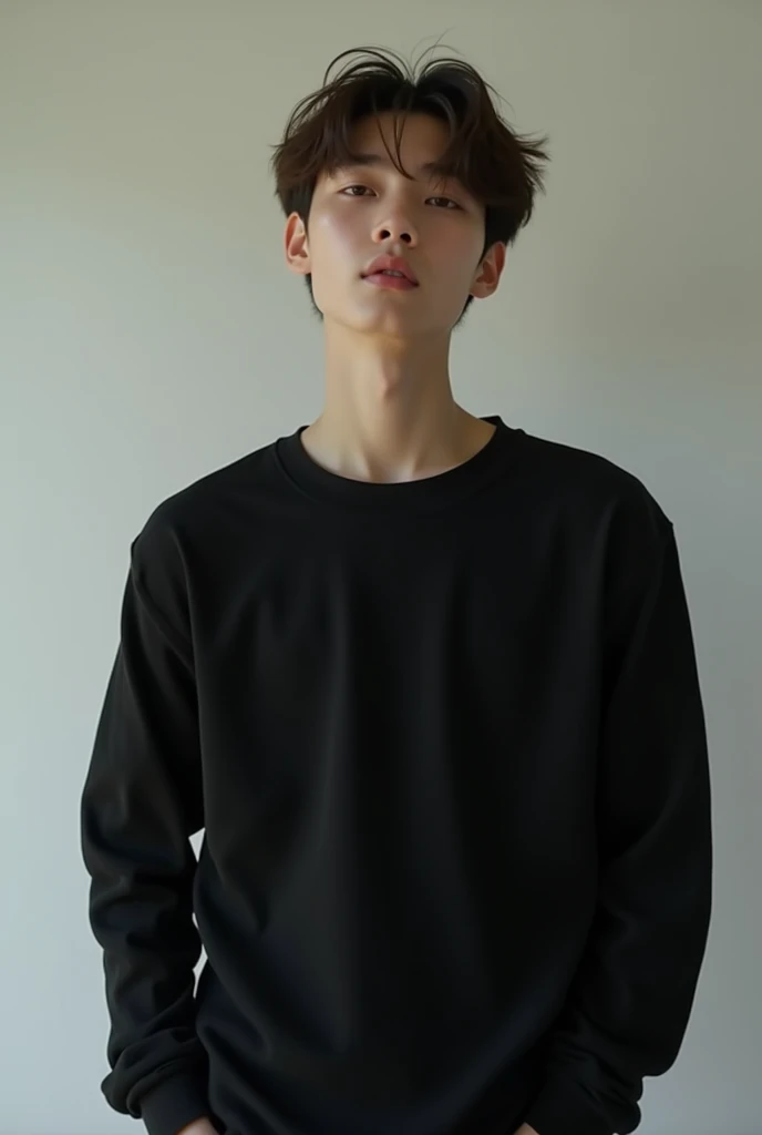 A white teenage man wearing a black shirt , Official product pictures, Bad Ulzzang, long-sleeved shirts, Inspiration from Zhang Han, Inspired by Jeon Seok Lee, long-sleeved shirt, Chai Sukun, Chinese man