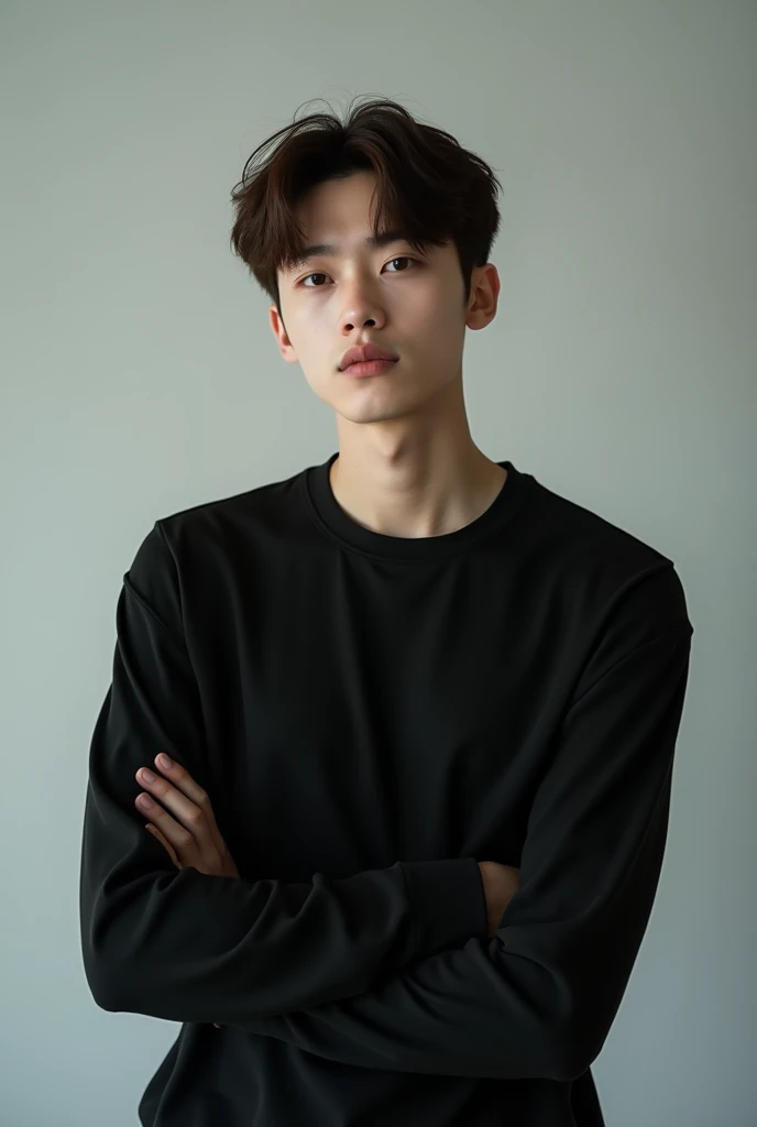 A white teenage man wearing a black shirt , Official product pictures, Bad Ulzzang, long-sleeved shirts, Inspiration from Zhang Han, Inspired by Jeon Seok Lee, long-sleeved shirt, Chai Sukun, Chinese man