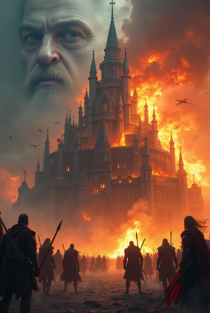 Asgard Castle in Flames, natta, lightning, odin's face with an eye patch in the clouds, Valkyrie warriors in the sky, viking warriors on the ground