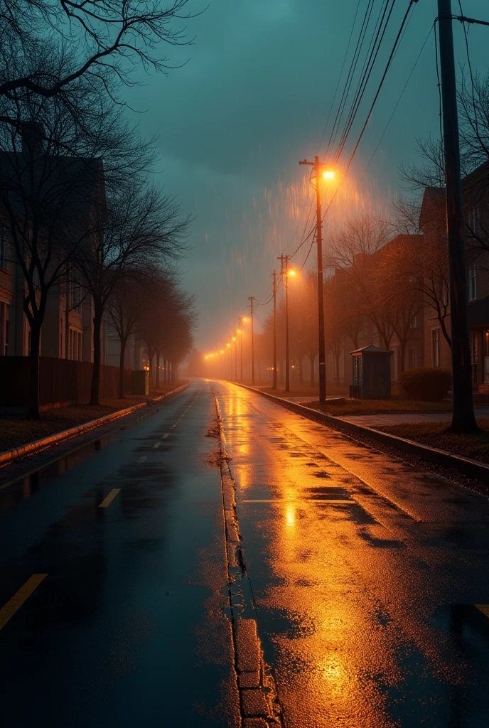 A street that is raining and at night, without people, with an orange light