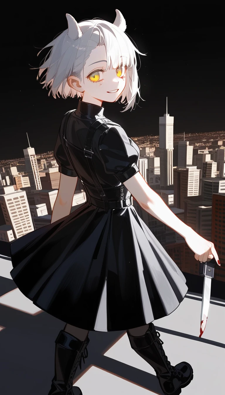 black and white bicolor hair, ,Asymmetrical hair, short hair,Woman with eyes wide open。Yellow Eyes, smile。Bloody。Bleeding。Seriously injured。Holding a knife。Black boots。Black latex long skirt。Black Shirt。Armed。Goat ears,Lonely。Dark atmosphere。Skyscrapers stretch to the horizon。Angle from above。Extremely beautiful cityscape。Cowboy Shot。Cinema Lighting ,masterpiece,, Highest quality, 8k.