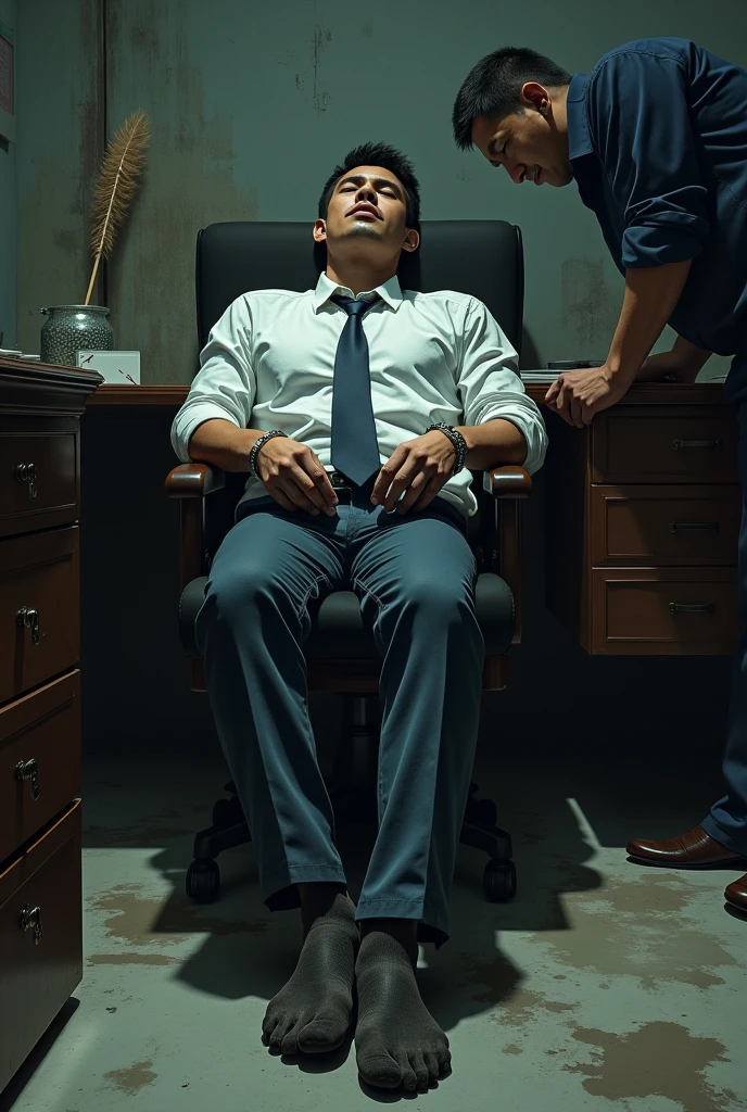 Malaysia handsome malay Zarul 22 years lawyer
He faint
1 man rub his feet
5 Toes Smelly feet
His hand handcuff in  abondon warehouse 
Blindfolded
handcuff
Formal Outfit 
Focus sweaty hot feet on desk
feather duster on desk
Dirty black long sock on desk


