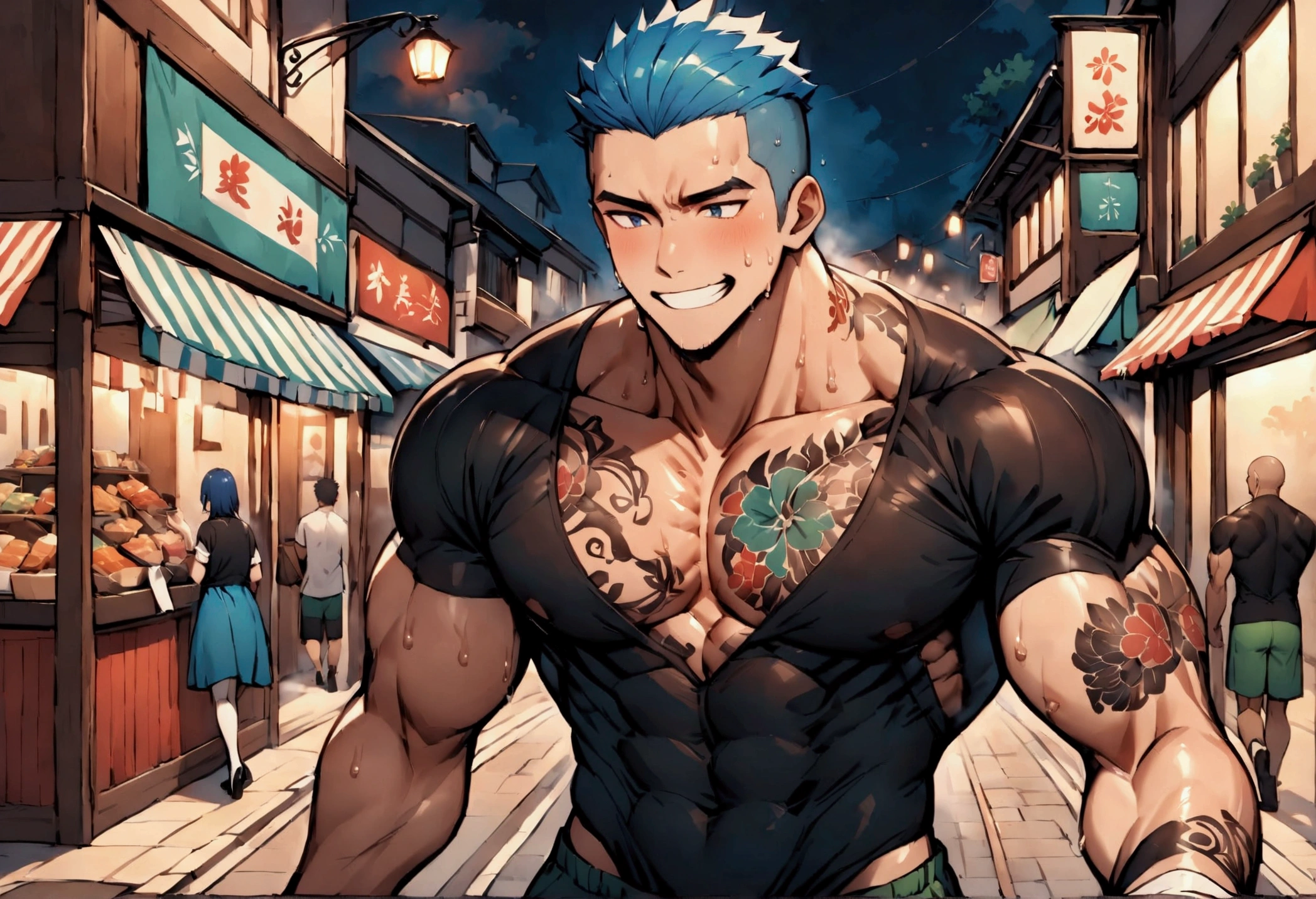 Highest quality、masterpiece、pov shot、(muscular male:1.2)、(father:0.5)、独奏、Shaved head、Blue Hair、(sweat:1.3)、steam、tattoo on chest、tattoo on leg、On the upper half of his body he was wearing a tight fitting black shirt with an open neckline.、The lower half is green shorts、Shopping street at night、Walking while eating skewers、Happy Face