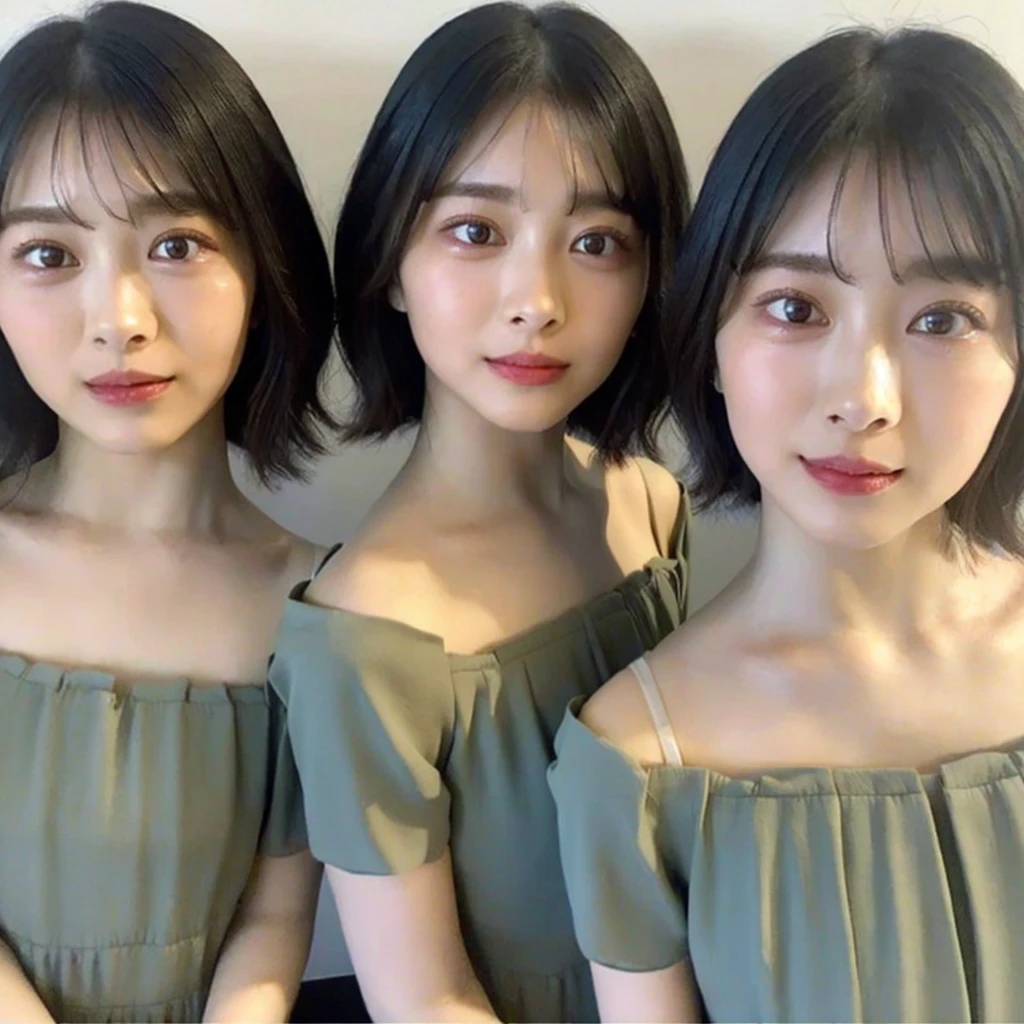 ((Highest quality, 8K, masterpiece:1.3)), concentrated:1.2, Beautiful woman with perfect figure:1.4, Stick your butt out:1.2, ((Cut your hair in layers:1.2)), (Medium sized breasts),(Bandeau dress:1.5), Highly detailed face and skin texture, Detailed eyes, double eyelid，Whitening the skin，Long white hair,(Keep your mouth shut:1.3)，smile, portrait photos,
(((cloned face)))
(((similar identical twins)))
All the girls have the exact same face, The two have the same face and figure, as if they were mirror images