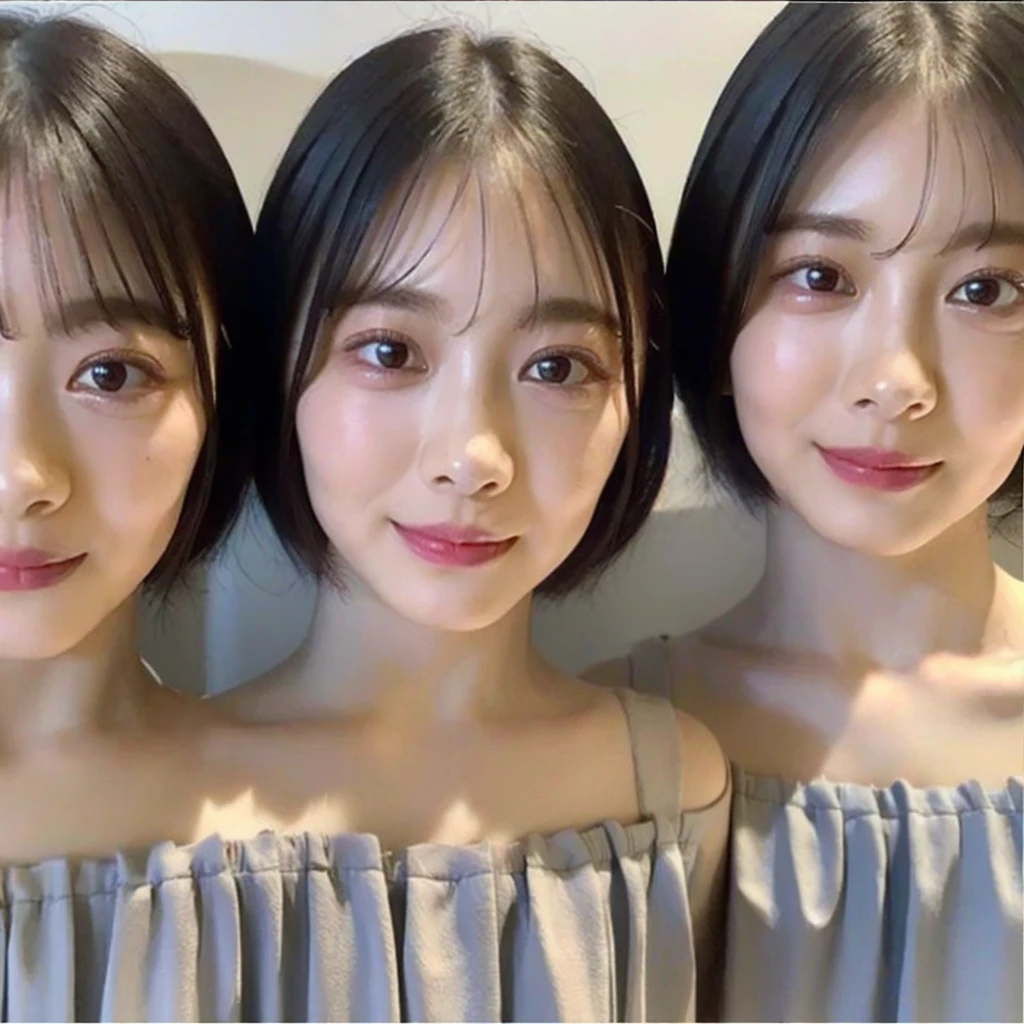((Highest quality, 8K, masterpiece:1.3)), concentrated:1.2, Beautiful woman with perfect figure:1.4, Stick your butt out:1.2, ((Cut your hair in layers:1.2)), (Medium sized breasts),(Bandeau dress:1.5), Highly detailed face and skin texture, Detailed eyes, double eyelid,Whitening the skin,Long white hair,(Keep your mouth shut:1.3),smile, portrait photos,
(((cloned face)))
(((similar identical twins)))
All the girls have the exact same face, The two have the same face and figure, as if they were mirror images