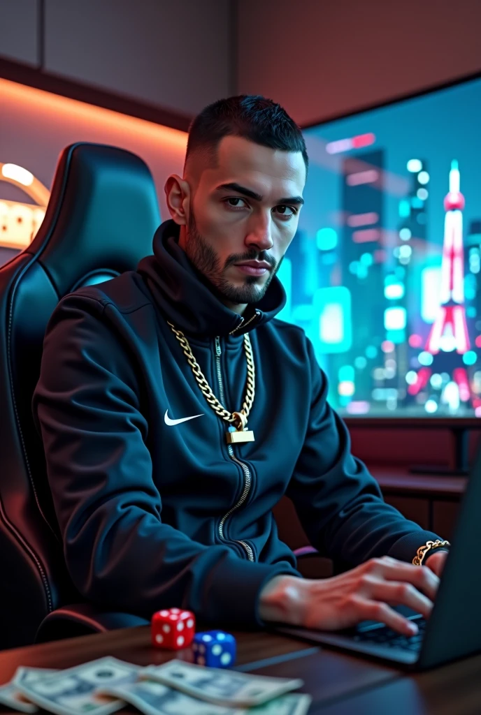 high resolution, ultra detaild), (cinematic), (ultra HD), seen from the front Alone, white skin tone nike tracksuit,short hair gold chain around the neck , goatee on chin sitting gaming chair macbook on lap, in the background a curved screen monitor,, 2 dice on the floor, one blue and one red, a lot of money on the floor, de casino,