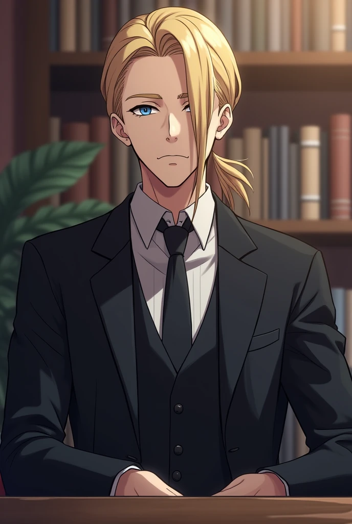 anime character, masculine, Height 1.87 cm, cold facial expression, Medium long hair, very dark blonde hair color, very dull crystal blue eye color, 3 piece suit, that can only be seen from the waist up, bottom, the one sitting behind a coffee, I want a little bit just a little bit of feminine features slightly It&#39;s perfect like this, Just comb one side of your hair back and straighten it 