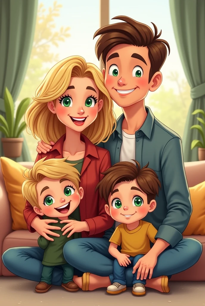 make me a cartoon picture, of a family, with a blonde mother with green eyes and short wavy hair, A father, And two children. A younger son of 6 and an older son of 12