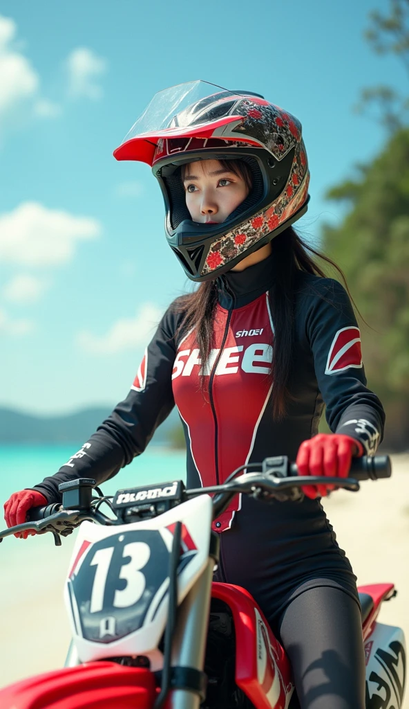 realistic, cinematic scene, very beautiful Japanese high school girl, standing style riding an off-road motorcycle, at beautiful quiet beach in resort island, dramatic scene, masterpiece, (face focus:1.3), clear helmet visor, beautiful eyes, Honda CRF250L, fast-look patterned Shoei helmet, (wearing off-road rider's outfits), (shoot from behind:2), looking back