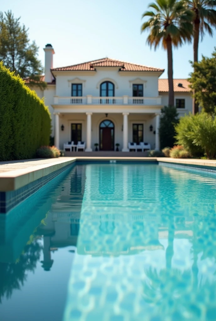 Photo of a swimming pool with a house in the background. Photo angle near the edge of the pool
