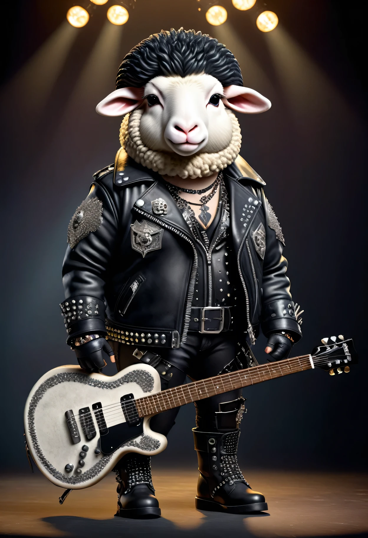 photorealistic portrait of Dressed animals - a ((fat) sheep punk-rocker, (full body image:1.5), break,(holding a guitar:1.5), Wearing a tailored black leather jacket featuring intricate silver stud patterns reminiscent of sacred symbols, leather boots, adorned in a modern punk-rock ensemble,, detailed and opulent description of modern punk-rock style, stage lighting, intricate ornate accessories, stage background