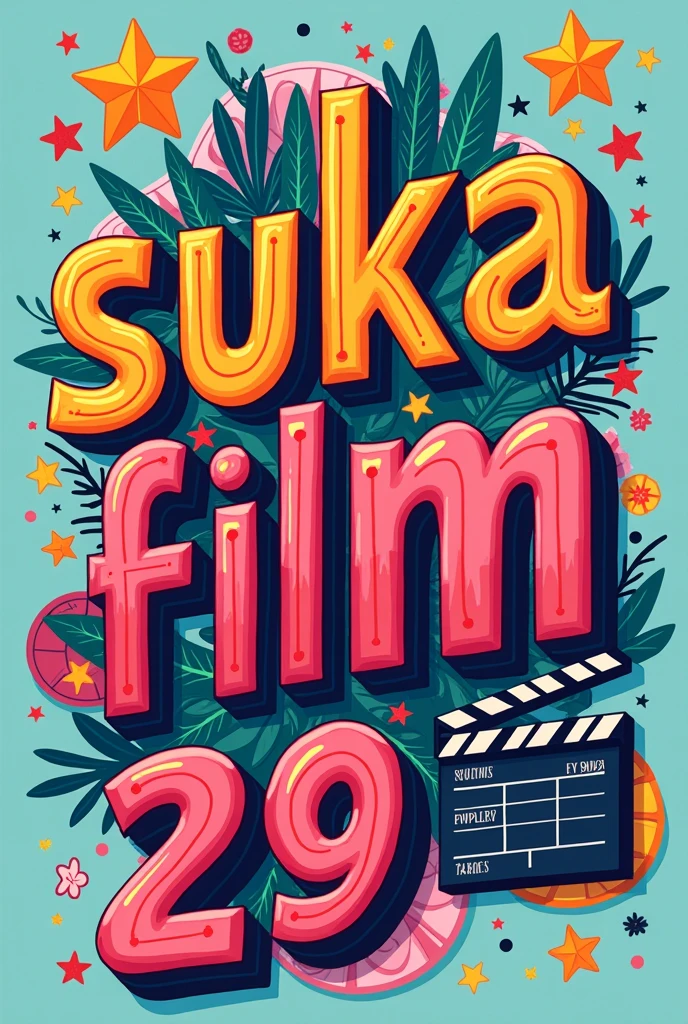 A vibrant and colorful illustration of the text 'SUKAFILM29'. The text should be bold and dynamic, with playful typography. Surround the text with elements related to cinema, such as film reels, clapperboards, and stars. Use a lively color palette with bright, saturated colors to give a festive and energetic feel. The background should have subtle gradients or abstract patterns that complement the main design, making the whole composition eye-catching and fun.