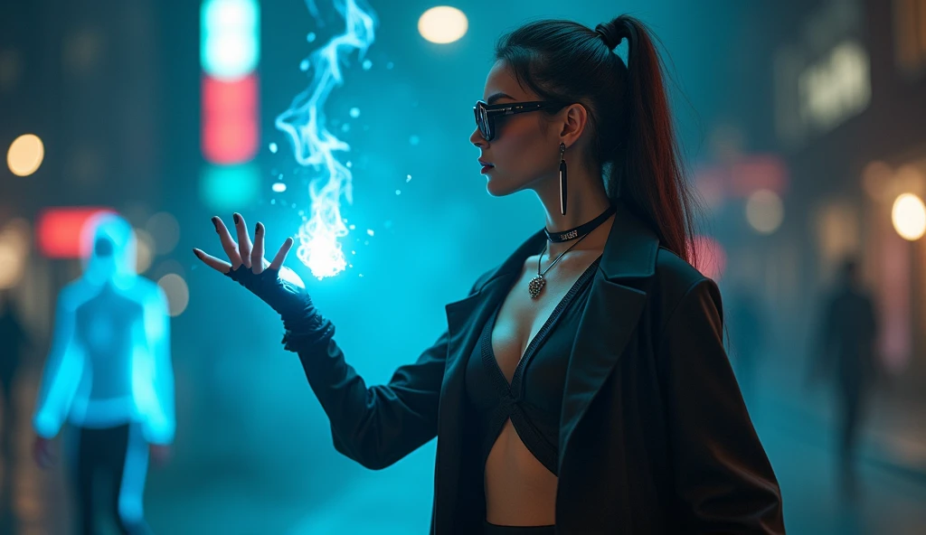 A young futuristic female sorcerer with a glowing floating small crystal stone, releasing mysterial spell and magical power, facing and defeating dark forces and beings. She stands with her right hand raised forward with a blue fire of light, floating ghost-like evil spirit chasing behind, at night, (1girl, solo, alone), photorealistic, large-breast slim:0.6 body, oval:0.5 face, cleavage:1.1, very low angle view of pleated miniskirt, deep-v, (upskirt), glove, (Matrix style black micro sunglasses), dynamic running pose, (half-body thigh level close-up shot), cinematic lighting, ray tracing, motion blur background.