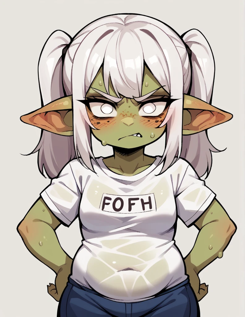 A goblin raping a girl ,stortstack,{{Wearing a white wet translucent T-shirt}}(white Hair,Double ponytails),bangs(Heavy sweating)Angry{{{Cheek puffing}}},Hands on hips,blush,Freckles on the face,chubby,white eyes,individual, simple background,