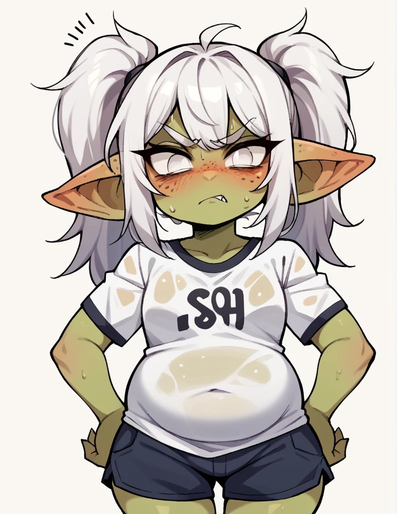 A goblin ?????? a girl ,stortstack,{{Wearing a white wet translucent T-shirt}}(white Hair,Double ponytails),bangs(Heavy sweating)Angry{{{Cheek puffing}}},Hands on hips,blush,Freckles on the face,chubby,white eyes,individual, simple background,