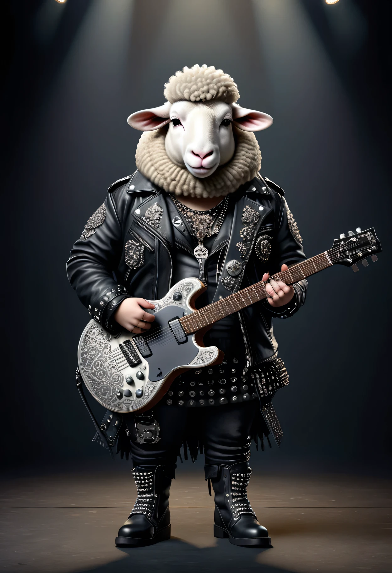 photorealistic portrait of Dressed animals - a ((fat) sheep punk-rocker, (full body image:1.5), break,(holding a guitar:1.5), Wearing a tailored black leather jacket featuring intricate silver stud patterns reminiscent of sacred symbols, leather boots, adorned in a modern punk-rock ensemble,, detailed and opulent description of modern punk-rock style, stage lighting, intricate ornate accessories, stage background,,score_9, score_8_up, score_7_up, score_6_up, score_5_up, score_4_up,