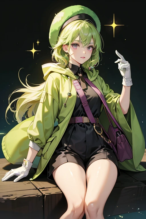 Collei has short, wavy light green hair that reaches her neck and purple eyes that almost touch magenta. she appears with a completely different look; she wears a plain black shirt, simple pair of shorts, and a hooded cloak worn on top. She also wears an ushanka hat, a pair of gloves and boots that reach up to below her knees. Lastly, she uses the same green-orange cloth and beige satchel from earlier.  SPARKLE; GLITTER