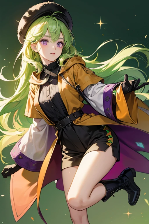 Collei has short, wavy light green hair that reaches her neck and purple eyes that almost touch magenta. she appears with a completely different look; she wears a plain black shirt, simple pair of shorts, and a hooded cloak worn on top. She also wears an ushanka hat, a pair of gloves and boots that reach up to below her knees. Lastly, she uses the same green-orange cloth and beige satchel from earlier. SPARKLE; GLITTER