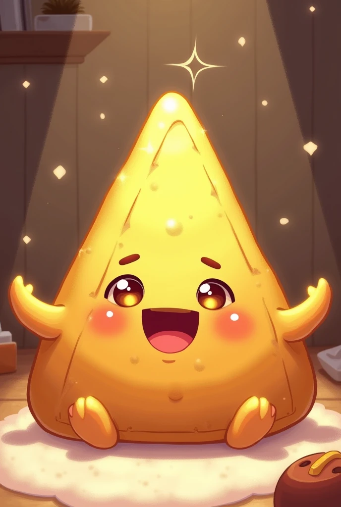 "Create an illustration of a closed esfiha with a triangular shape. The esfiha must have a very happy expression, with a wide smile and bright eyes. Add open arms to accentuate the feeling of joy and enthusiasm.. The esfiha should look cozy and inviting, transmitting a feeling of happiness and warmth."