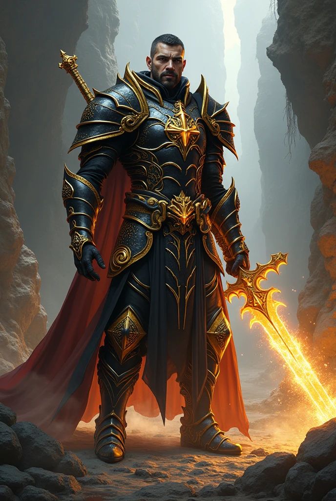 Hero:
name: Aric Blackthorn Description: Aric is an imposing warrior in black-gold armor that glows with a magical aura.. He wields a Staff of the Apocalyptic Dragon and the Sword of the Destroyer of Worlds., a legendary weapon with immense destructive power. Its goal is to restore peace and protect the innocent..