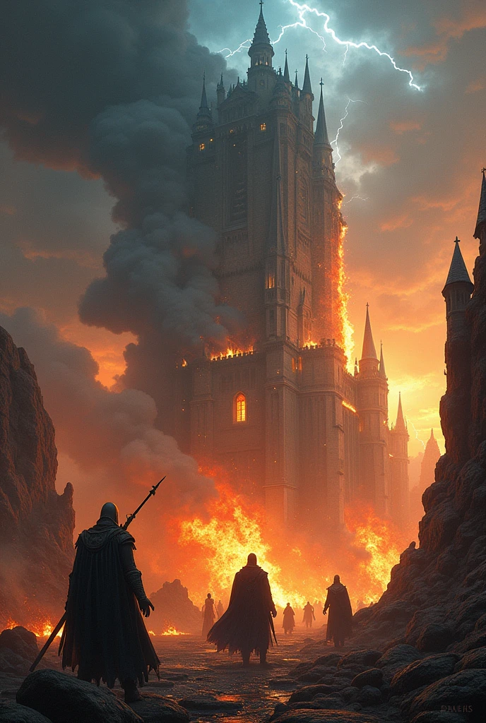 Asgard Castle in Flames, natta, lightning, odin's face with an eye patch in the clouds, Valkyrie warriors in the sky, Viking warriors