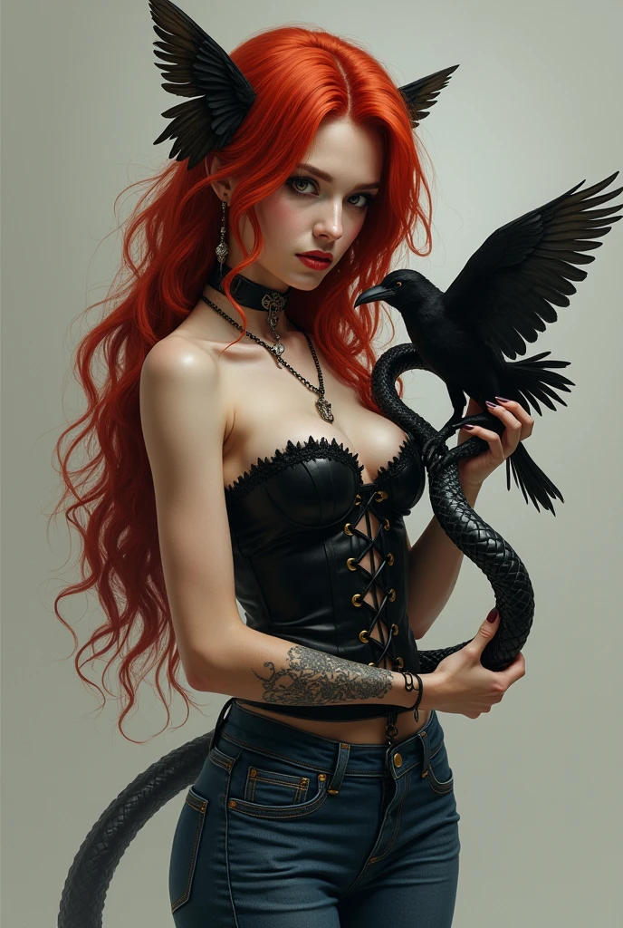 can you create me a realistic image of a red haired girl with a long butterfly cut brown eyes wearing blue jeans and black corset with piercings. Holding a viper that's biting raven