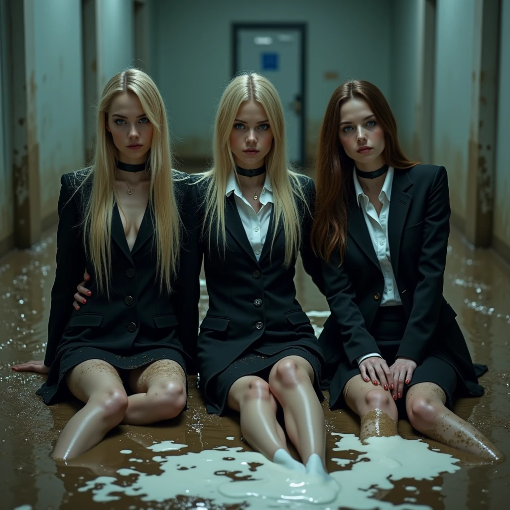 A realistic photo of three slender business ladies, each with a model appearance, blonde and brunette sitting on their sides and backs, leaning on their elbows in different flirty and provocative poses on the muddy floor and smear a lot of mud on own clothes in big muddy and flooded basement. Their very long, straight hair is disheveled, cascades over their shoulders as they look directly at the viewer. They are dressed in black elegant business skirt suits made from cotton and wool fabric, including long business pencil skirts, business jackets, vests, white button-up shirts. Their heavy torn own jackets, skirts, shirts, stocking and smeared a lot of liquid mud on their skirts, jackets, vests, shirts, stockings, faces, and hair from head to toe. They wear black chokers around their necks, adding to the eerie and unsettling atmosphere. Their smear dirt on own clothes. The background shows a muddy and flooded basement. After this all actions their jackets, vests, and skirts are covered with a white viscous milk cream that drips down their clothing, creating a striking contrast against the cotton fabric. The lighting is artificial and evenly distributed, highlighting the subjects' faces and upper bodies while creating soft shadows. The overall mood is dark, intense, and eerie, emphasized by the low-key lighting and the contrast between the clean, organized office space and the sloppy appearance of the women. The cool color palette and high contrast between the subjects and their surroundings contribute to the flirty atmosphere, creating a sense of tension and foreboding in this surreal, otherworldly setting.