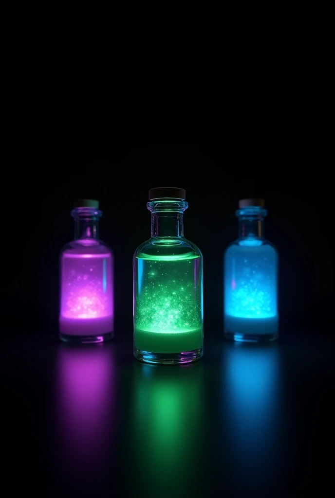 3 bottles with essence inside, they must be separated in the image, the background must be completely black. Inside the bottles must contain respectively, mystical essences in the colors Purple, green and blue. small bottles in the image and the completely black background, to become individual icons the 3.