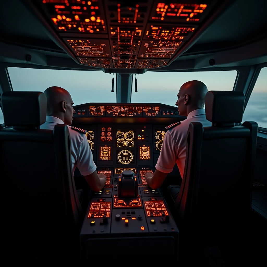 Inside the dimly lit cockpit of an airplane, the two pilots are slumped over in their seats, lifeless. Their faces are pale, with haunting, empty expressions, as shadows cast eerie patterns across the control panel. The cockpit is filled with red and yellow warning lights flashing ominously, reflecting off the glass, adding to the sense of dread. The controls are chaotic, with switches and levers in disarray, creating a disturbing scene of final moments. The overall atmosphere is dark, with a chilling stillness that conveys the terror and hopelessness of the situation. (extremely detailed CG unit 8K wallpaper, Artwork, best quality, ultra-detailed, hdr:1.2, dark and terrifying atmosphere, eerie lighting, horror vibes)"