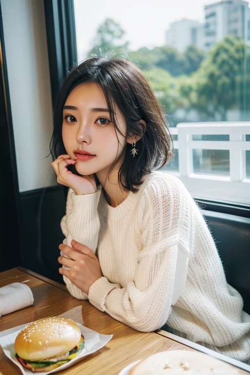 (2 Japanese girl,), (Small breasts:1.5,),(solo,Textured skin, Detailed skin,Detailed face,Detailed eyes,detailed posing,Natural eyebrows,Perfect limbs,High detail, Highest quality, Super detailed, Surrealism, ,8k,RAW Photos,Photographicism,Professional Lighting,Portrait Photography,),((Black Hair, Dark Eyes,Natural Makeup,Simple earrings,Bob Hair,happiness/joy)),(((,White knit,Hamburger on the table,Burger Shop,Window seat)))