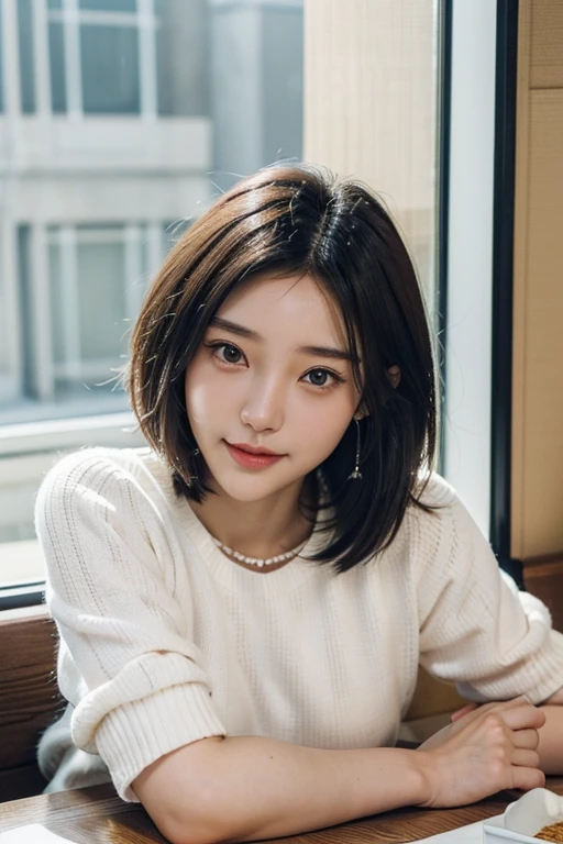(2 Japanese girl,), (Small breasts:1.5,),(solo,Textured skin, Detailed skin,Detailed face,Detailed eyes,detailed posing,Natural eyebrows,Perfect limbs,High detail, Highest quality, Super detailed, Surrealism, ,8k,RAW Photos,Photographicism,Professional Lighting,Portrait Photography,),((Black Hair, Dark Eyes,Natural Makeup,Simple earrings,Bob Hair,happiness/joy)),(((,White knit,Hamburger on the table,Burger Shop,Window seat)))