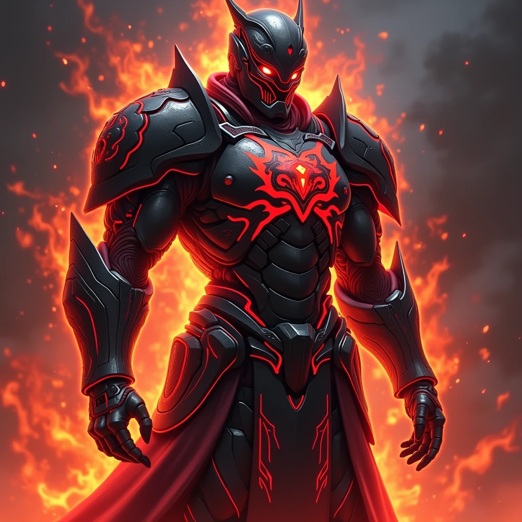A heavily reinforced suit of battle armor designed to channel and enhance wielder's Hell Fire magic. The armor has built-in flame projectors and a heat shield, allowing him to unleash torrents of infernal fire while remaining protected from counterattacks. The armor glows with an ominous red light when fully activated, symbolizing his mastery over Hell Fire. Charcoal black with crimson flames etched across the surface. Super Detailed, Textured Skin, High Resolution, High Quality, Anime Style, Futurism, 3D Rendering, 