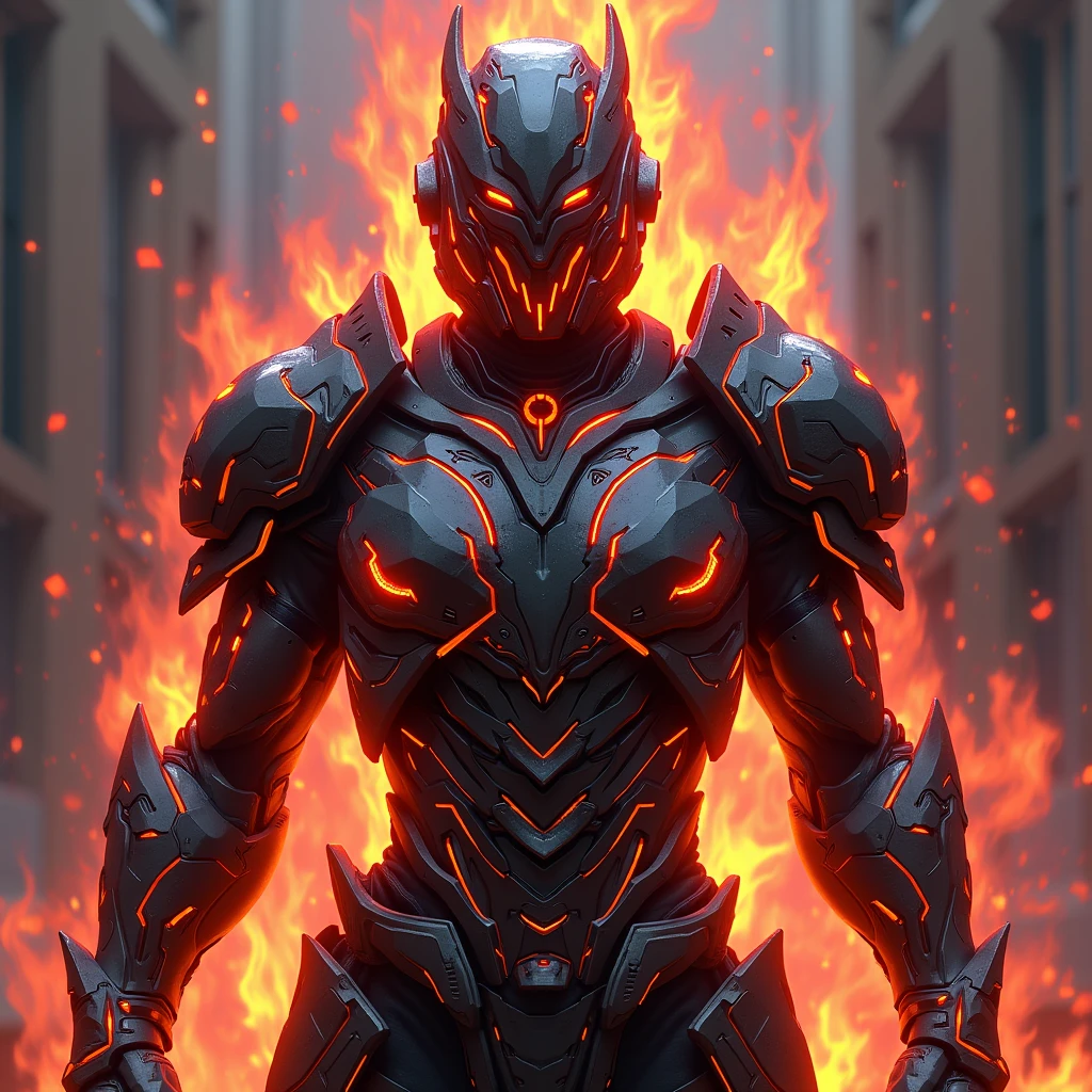 A heavily reinforced suit of battle armor designed to channel and enhance wielder's Hell Fire magic. The armor has built-in flame projectors and a heat shield, allowing him to unleash torrents of infernal fire while remaining protected from counterattacks. The armor glows with an ominous red light when fully activated, symbolizing his mastery over Hell Fire. Charcoal black with crimson flames etched across the surface. Super Detailed, Textured Skin, High Resolution, High Quality, Anime Style, Futurism, 3D Rendering, 