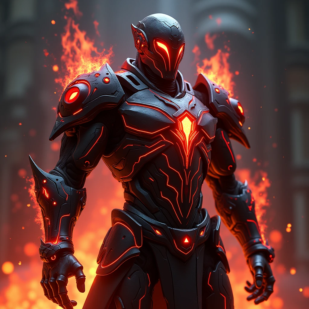 A heavily reinforced suit of battle armor designed to channel and enhance wielder's Hell Fire magic. The armor has built-in flame projectors and a heat shield, allowing him to unleash torrents of infernal fire while remaining protected from counterattacks. The armor glows with an ominous red light when fully activated, symbolizing his mastery over Hell Fire. Charcoal black with crimson flames etched across the surface. Super Detailed, Textured Skin, High Resolution, High Quality, Anime Style, Futurism, 3D Rendering,