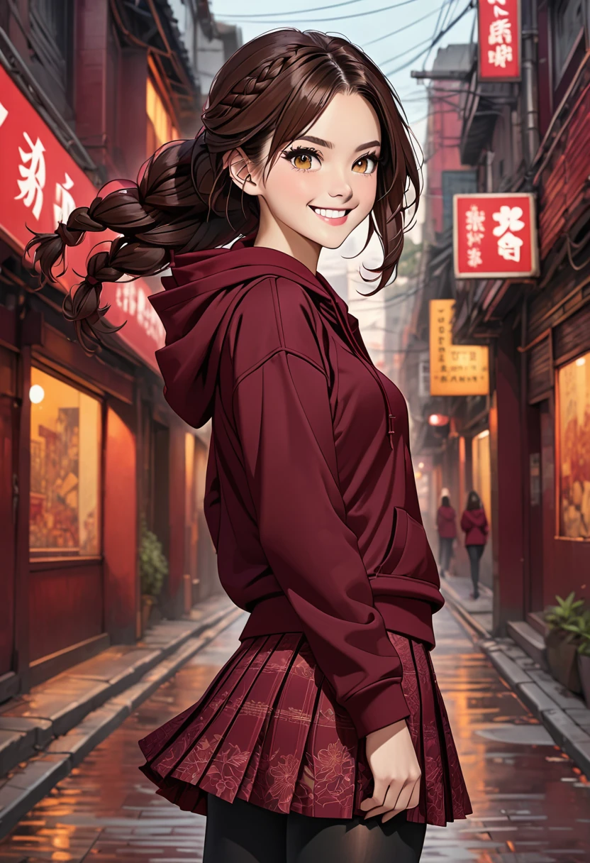 illustration, detailed illustration, ultra detailed, long dark brown hair, braid, amber eyes, pretty, mean smile, maroon pleated skirt, maroon hoodie, black leggings, urban background