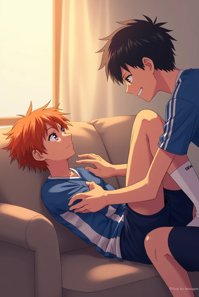A side view of Kageyama from Haikyuu sitting at the end of a couch, with Shoyo Hinata lying stretched out on the couch, his feet resting on Kageyama's stomach. Kageyama is gently holding Hinata's ankles. Hinata is wearing his Karasuno High School volleyball uniform and white socks that reach his ankles. His eyes, a deep, hypnotic violet, like amethysts, suggest he is under a trance. His gaze is directed towards the ceiling, as if unaware of Kageyama's presence. His signature orange hair is slightly tousled. Kageyama, slightly older, gazes down at Hinata's feet with a knowing smile, as if sharing a secret. The scene is bathed in soft, warm light, creating a peaceful and intimate atmosphere. The artwork should be in the style of the Haikyuu anime, with vibrant colors, dynamic lines, and expressive characters.