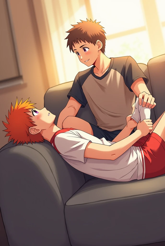 A side view of Kageyama from Haikyuu sitting at the end of a couch, with Shoyo Hinata lying stretched out on the couch, his feet resting on Kageyama's stomach. Kageyama is gently holding Hinata's ankles. Hinata is wearing his Karasuno High School volleyball uniform and white socks that reach his ankles. His eyes, a deep, hypnotic violet, like amethysts, suggest he is under a trance. His gaze is directed towards the ceiling, as if unaware of Kageyama's presence. His signature orange hair is slightly tousled. Kageyama, slightly older, gazes down at Hinata's feet with a knowing smile, as if sharing a secret. The scene is bathed in soft, warm light, creating a peaceful and intimate atmosphere.  The artwork should be in the style of the Haikyuu anime, with vibrant colors, dynamic lines, and expressive characters.