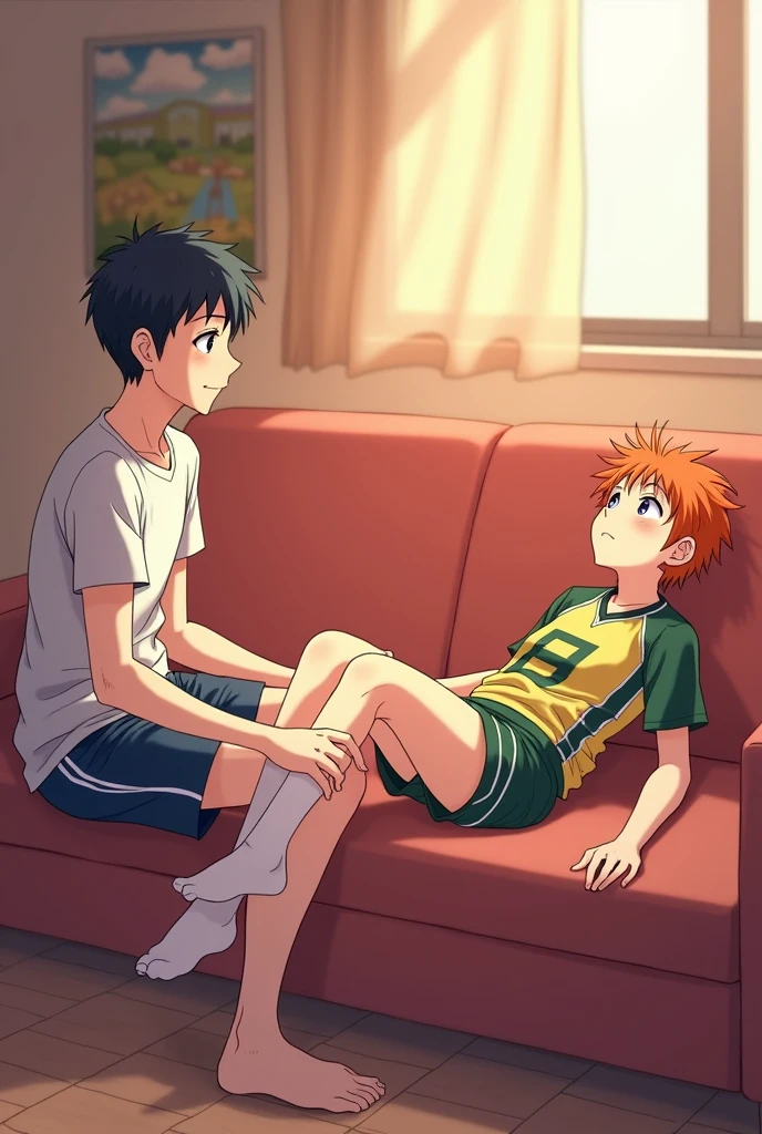 A side view of Kageyama from Haikyuu sitting at the end of a couch, with Shoyo Hinata lying stretched out on the couch, his feet resting on Kageyama's stomach. Kageyama is gently holding Hinata's ankles. Hinata is wearing his Karasuno High School volleyball uniform and white socks that reach his ankles. His eyes, a deep, hypnotic violet, like amethysts, suggest he is under a trance. His gaze is directed towards the ceiling, as if unaware of Kageyama's presence. His signature orange hair is slightly tousled. Kageyama, slightly older, gazes down at Hinata's feet with a knowing smile, as if sharing a secret. The scene is bathed in soft, warm light, creating a peaceful and intimate atmosphere.  The artwork should be in the style of the Haikyuu anime, with vibrant colors, dynamic lines, and expressive characters.