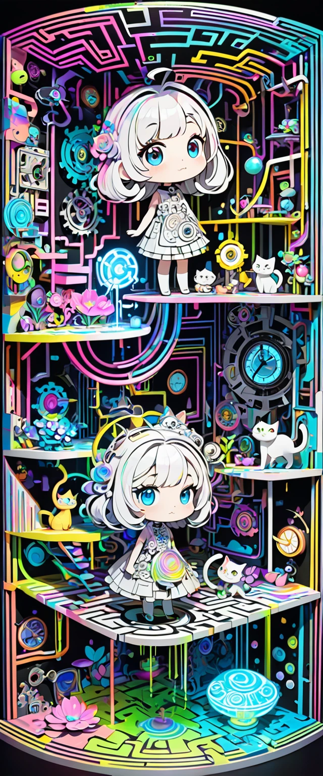 fusion of acrylic and collage paintings, 3D, clockwork, mysterious clockwork space, labyrinth space divided by neon line lights, (dripping fluorescent paint), iridescent flowers blooming from the point of impact, maze, labyrinth shaped, (chibi girl and cat peeking out from the side, pixar style), black and white and pastel colors, transparent, mysterious and funny high and fine artwork